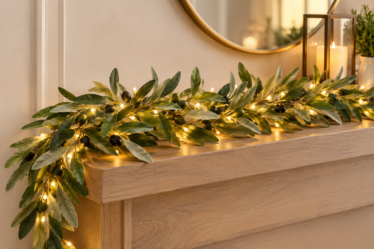 Pre-Lit Olive Leaf Garland with Warm Glow