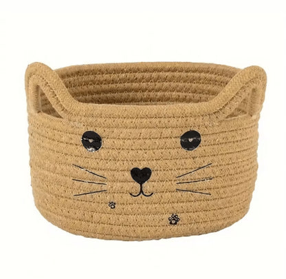 Cat Face Woven Cotton Storage Basket – Cute Home Organizer for Toys, Clothes & Pet Supplies