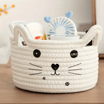 Cat Face Woven Cotton Storage Basket – Cute Home Organizer for Toys, Clothes & Pet Supplies