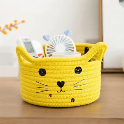 Cat Face Woven Cotton Storage Basket – Cute Home Organizer for Toys, Clothes & Pet Supplies