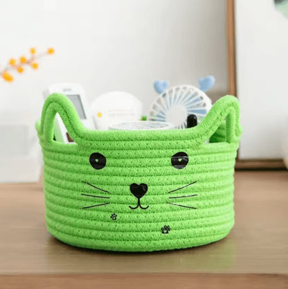 Cat Face Woven Cotton Storage Basket – Cute Home Organizer for Toys, Clothes & Pet Supplies