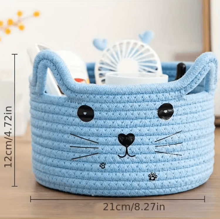 Cat Face Woven Cotton Storage Basket – Cute Home Organizer for Toys, Clothes & Pet Supplies