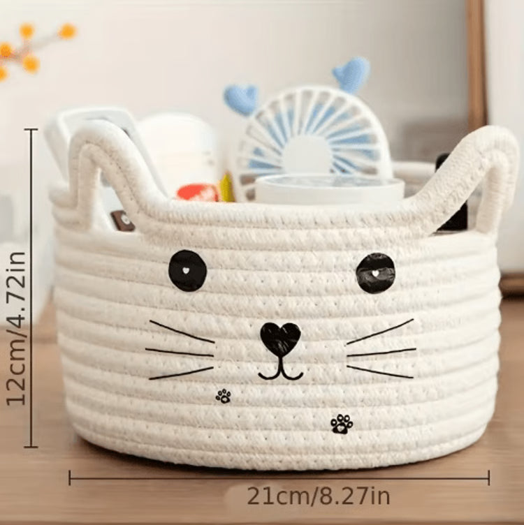 Cat Face Woven Cotton Storage Basket – Cute Home Organizer for Toys, Clothes & Pet Supplies