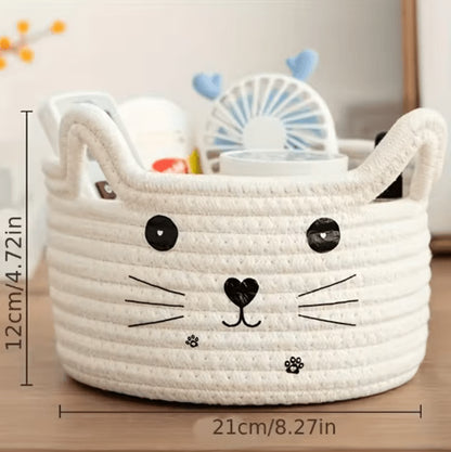 Cat Face Woven Cotton Storage Basket – Cute Home Organizer for Toys, Clothes & Pet Supplies