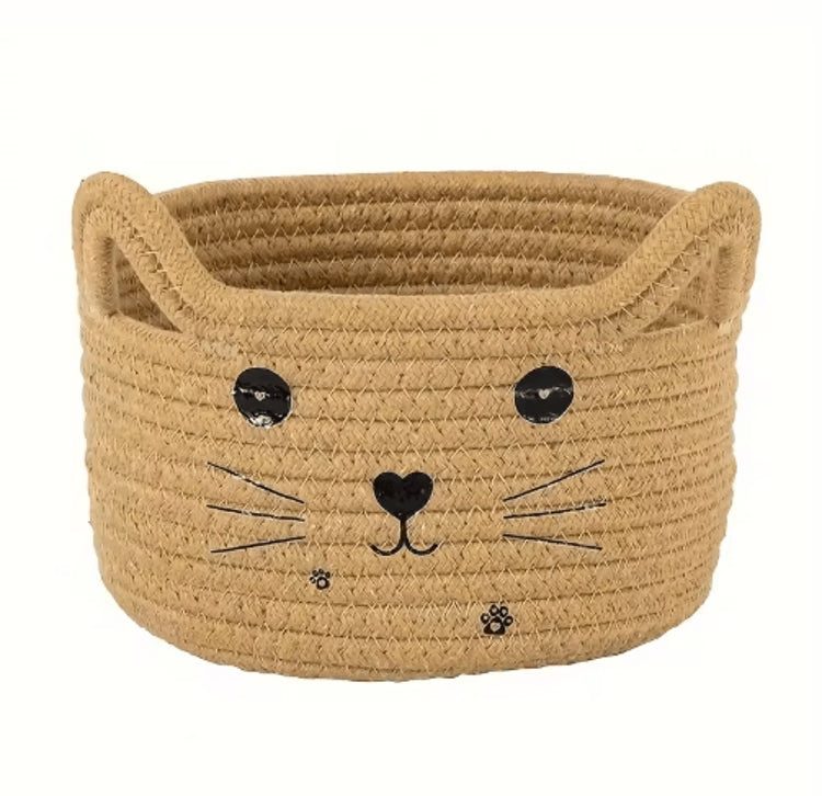 Cat Face Woven Cotton Storage Basket – Cute Home Organizer for Toys, Clothes & Pet Supplies