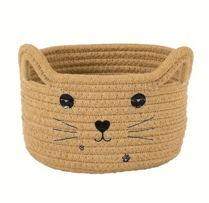 Cat Face Woven Cotton Storage Basket – Cute Home Organizer for Toys, Clothes & Pet Supplies