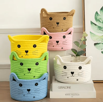 Cat Face Woven Cotton Storage Basket – Cute Home Organizer for Toys, Clothes & Pet Supplies