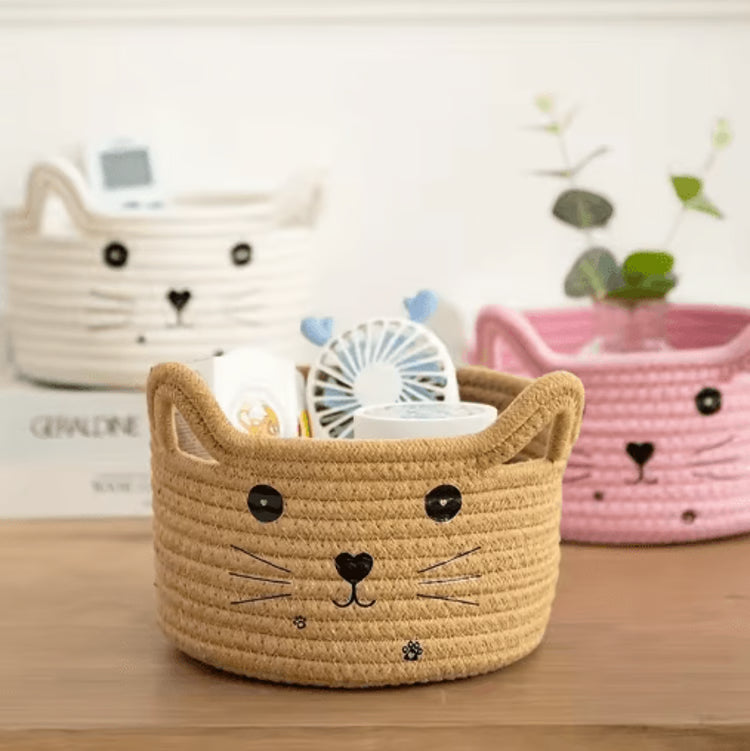 Cat Face Woven Cotton Storage Basket – Cute Home Organizer for Toys, Clothes & Pet Supplies